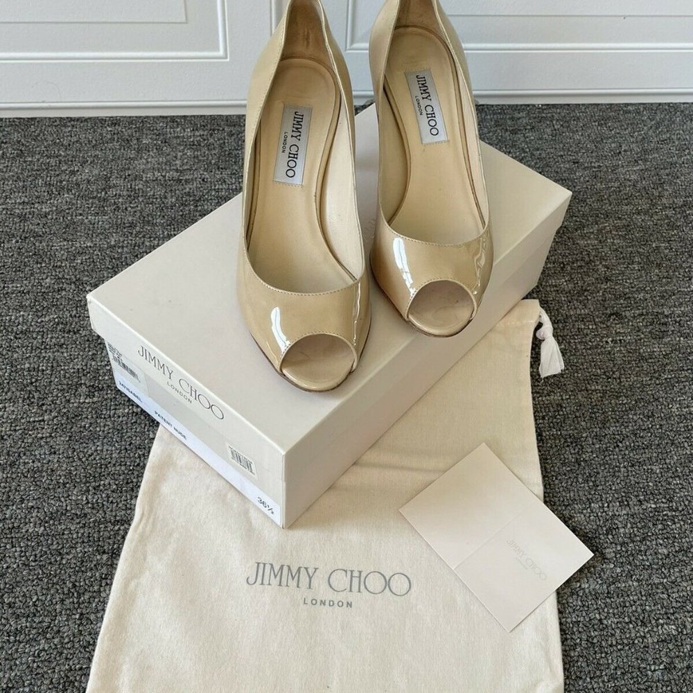Jimmy Choo Isabel Nude Leather Peep Toe Low Heel Pump Shoes 36.5 EU - 6.5 US